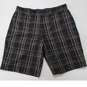 Y2K Top Flite Mens Plaid Golf Shorts Black Tan Size 35 Flat Front Performance